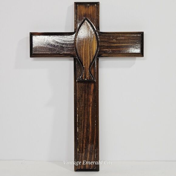 Vtg Hand-Carved 12" Wooden Cross Brown Rustic Decor Easter Jesús Religious Fish - Picture 11 of 11